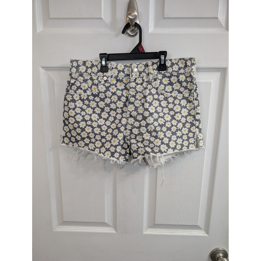 Zara Daisy Floral Denim Shorts Grey High Rise Raw Hem Cut Offs - Size‎ 6